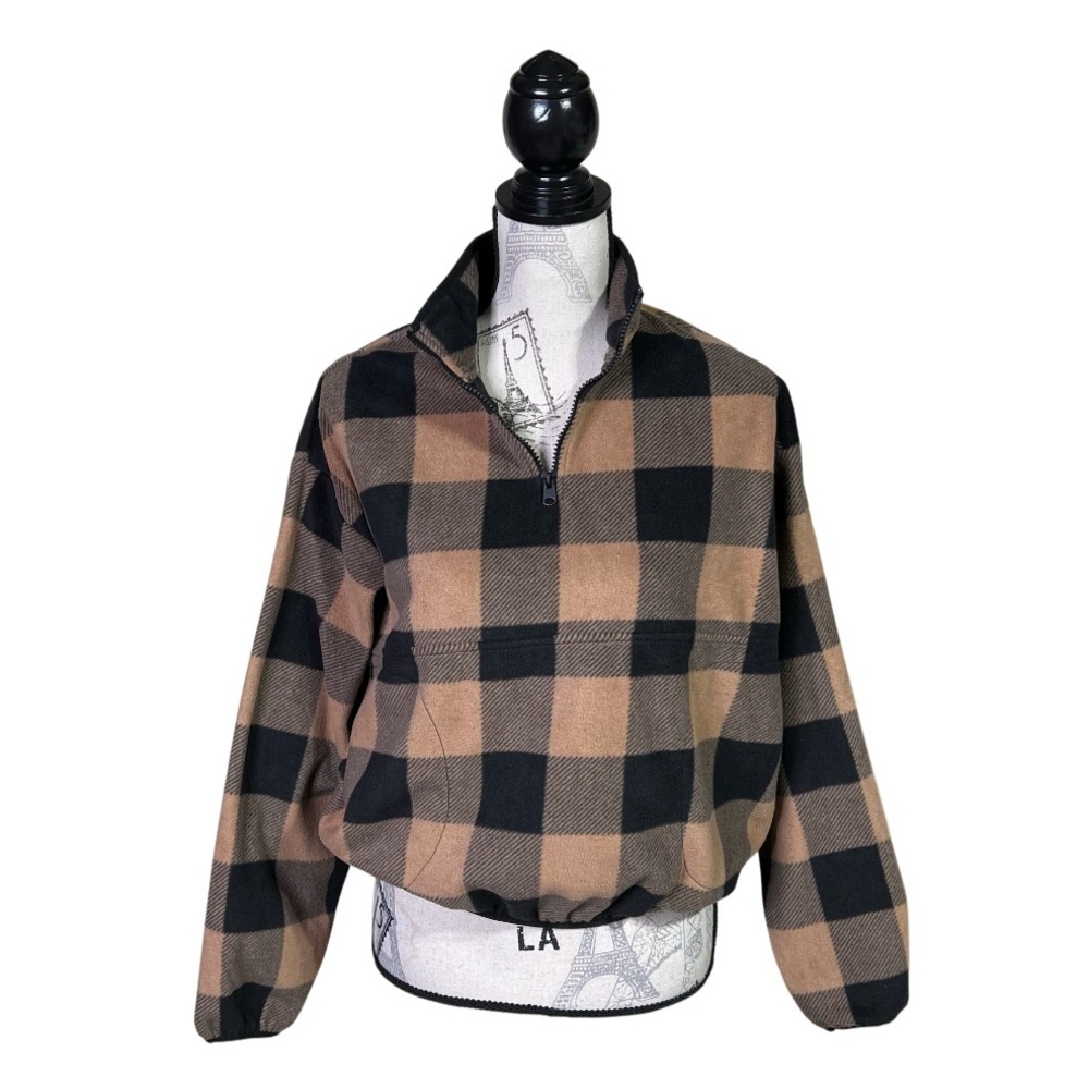 Ardene XS Checkered Fleece Quarter Zip Pullover Sweatshirt‎